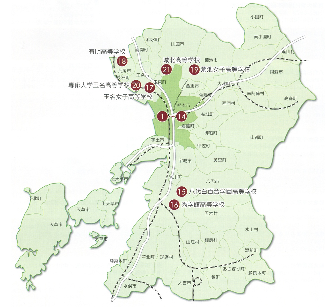 熊本県の私学所在地図